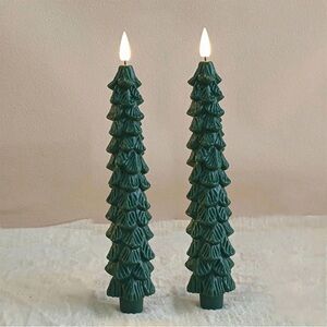Set of 2 Flameless LED Dark Green Christmas Tree Taper Candles